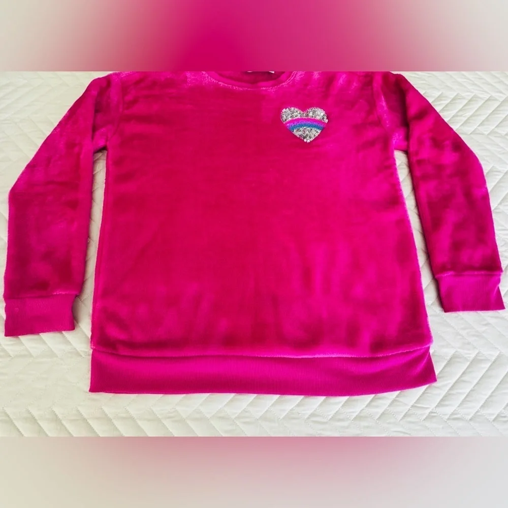 Childrens Place Fuchsia Sequin Heart Furry Sherpa Sweatshirt Top Size XL 14
